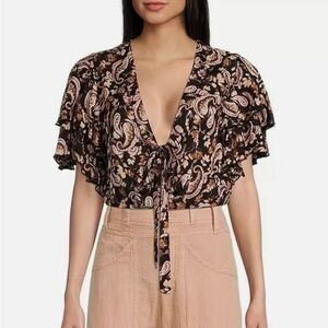 Free People Call Me Later Bodysuit in Floral Paisley Ruffle Sleeves Size M